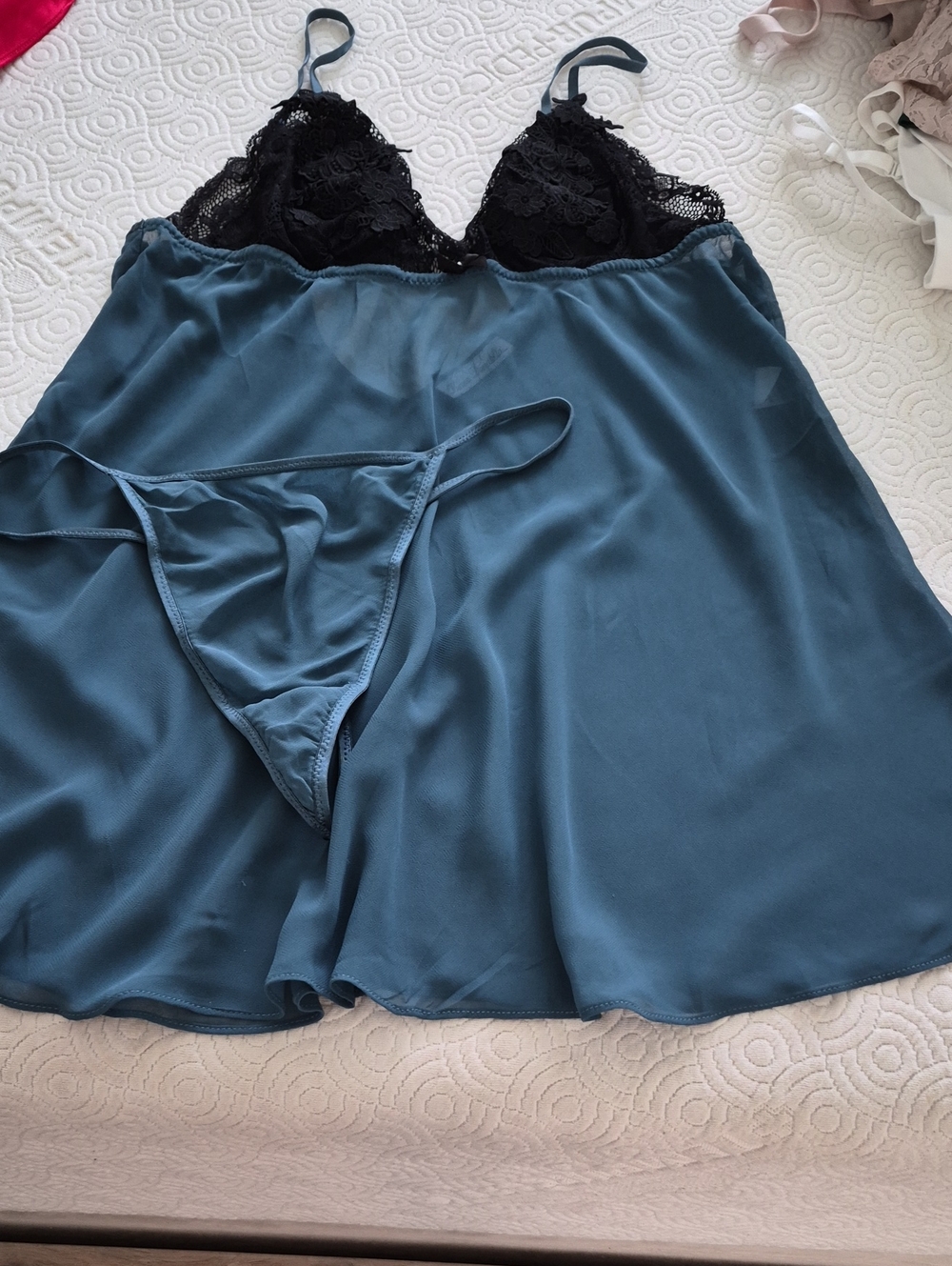 Linea Donatella Teal Blue Satin Chemise with Black Lace Cups and Matching Thong